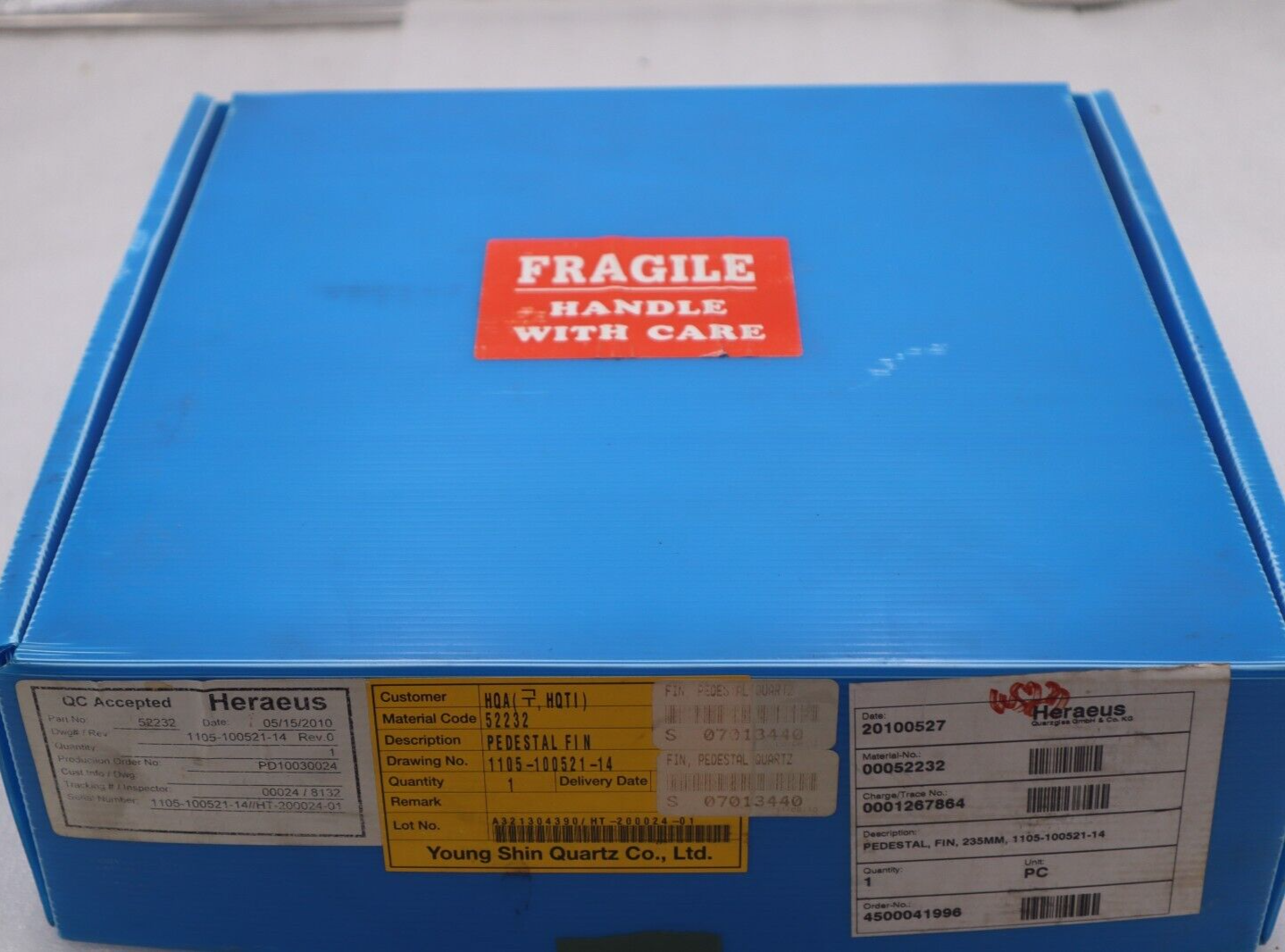 Used Heraeus Pedestal Fin Quartz 52232 1105-100521-14 Rev.0 New Open Box #2675