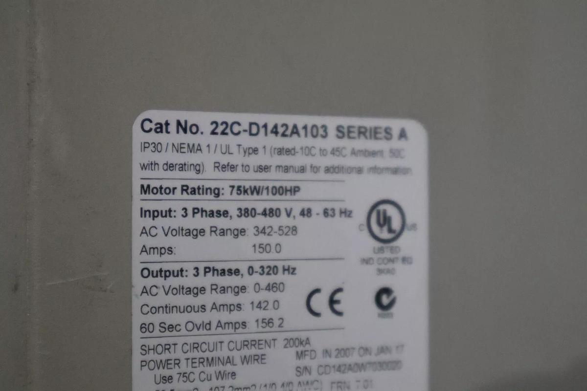 Used ALLEN BRADLEY 22C-D142A103 POWERFLEX 400 100HP STOCK S-570