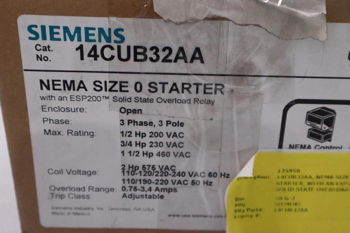 Used Siemens 14CUB32AA Motor Starter Size0, 18A, Relay .75-3.4A, Open 3-Phase #1406CC