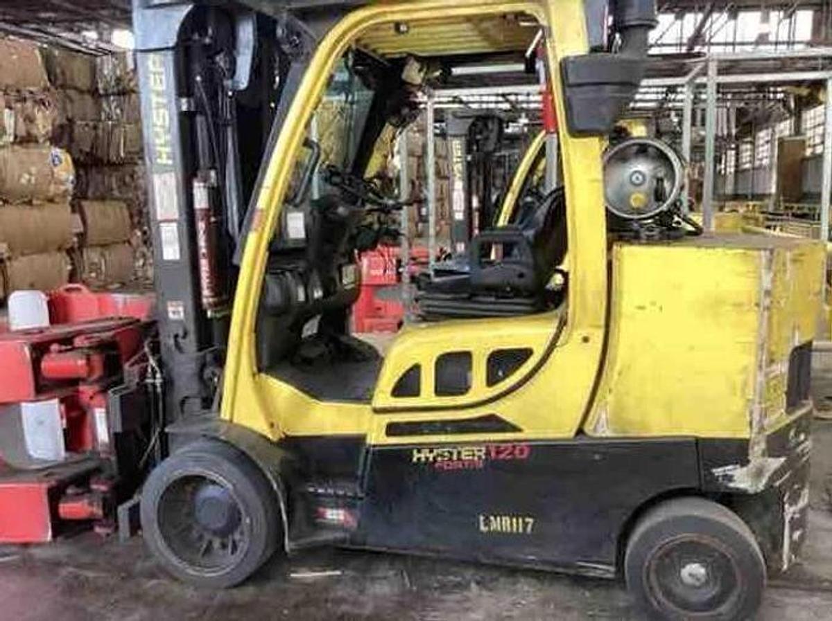 Used 12,000 POUND HYSTER S120FTPRS FORKLIFT WITH 60" BOLZONI PAPER ROLL CLAMP TRIPLE