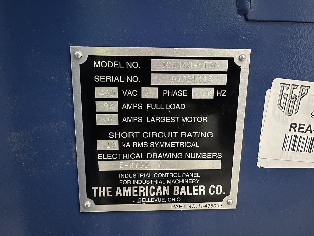 Used AMERICAN AUTO TIE BALER DC6348-8T30 WITH CONVEYOR DUAL 30HP MOTORS 8" CYLINDER