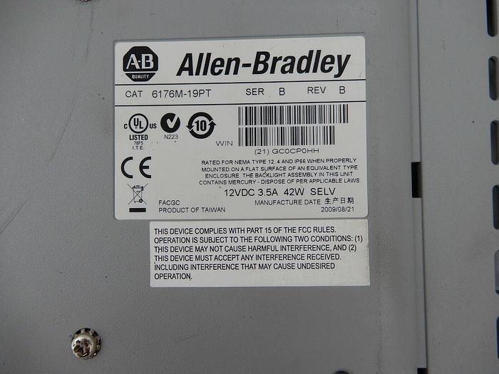 Used ALLEN BRADLEY PANEL HMI TOUCH SCREEN CAT NO 6176M-19PT SERIES G STOCK NO. 600