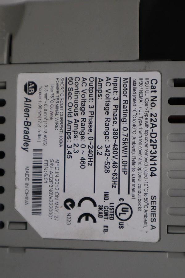 Used Allen Bradley AB 22A-D2P3N104 /A PowerFlex 4 AC Drive 1HP 3Ph 480V STOCK H1405