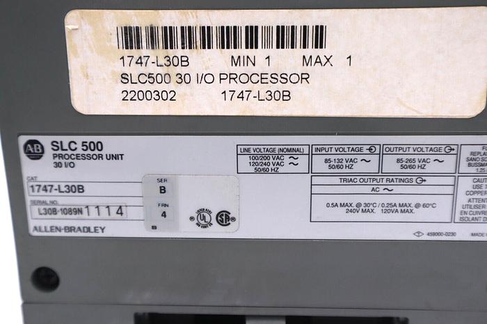Used ALLEN BRADLEY 1747-L30B SER B FRN 4 SLC 500 PROCESSOR UNIT 30 I/O #L-820