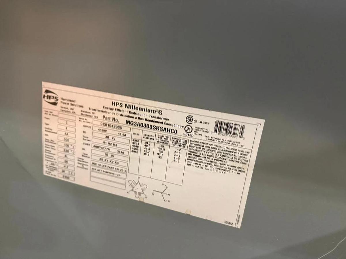 Used HPS MILLENNIUM G PART MG3A0300SKSAHC0 4160/480 300 KVA TRANSFORMER