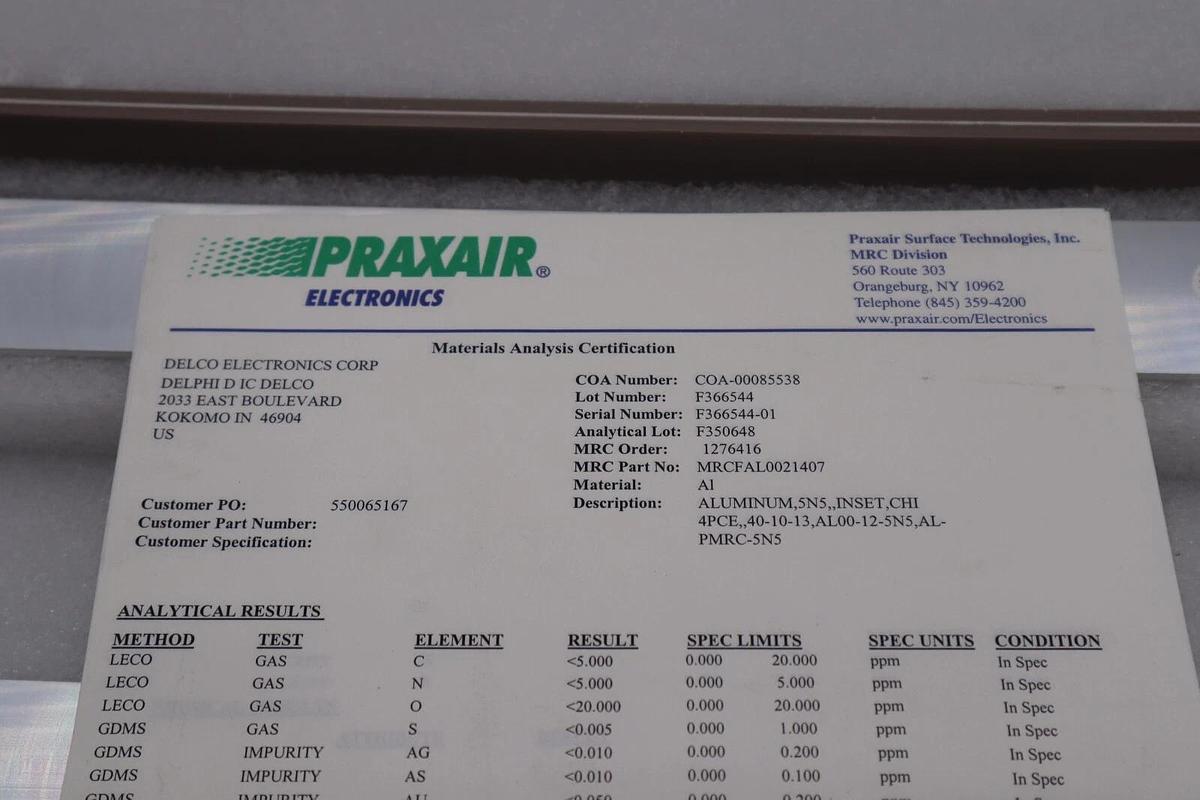 Used Praxair Electronics MRCFAL0021407 Aluminum, 5n5, Inset, CHI 4PCE New #2673