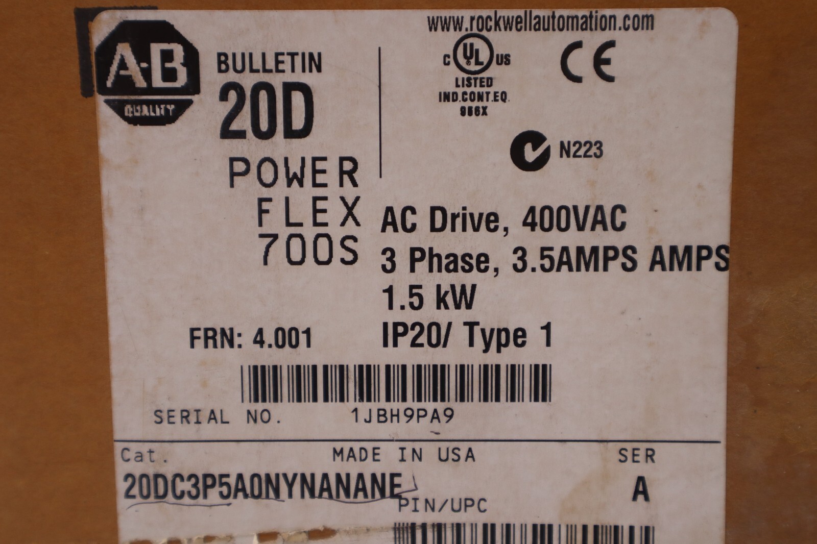 Used Allen Bradley 20DC3P5A0NYNANANE AC VFD Variable Frequency Drive STOCK 4709