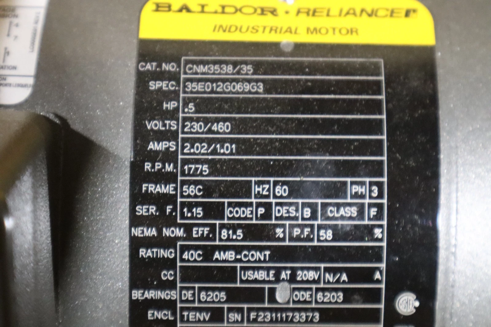 Used Baldor CNM3538/35 Industrial  Motor .5 HP 230/460 V 1770 RPM 3 PH - STOCK SGF66