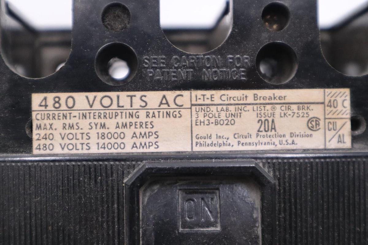 Used ITE EH3B020 20A Circuit Breaker 480 VAC 3 Pole EH3-B020 ITE 20 Amp STOCK B-628