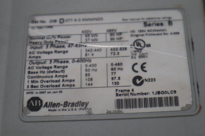 Used Allen-Bradley Powerflex 20BD077A0ANNAND0 NO HIM SER B 60 HP STOCK 5344