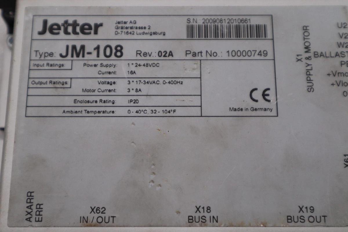 Used JETTER JM-108 REV 02A PART NO 10000749 Servo Drive STOCK H1068A