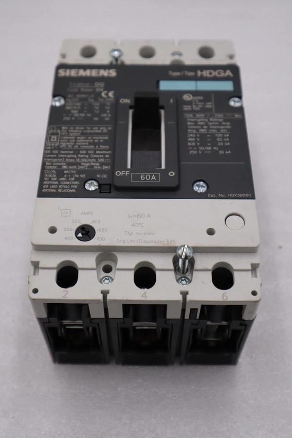 Used SIEMENS HDX3B060 60 AMP 600V 3 PHASE HDGA TYPE CIRCUIT BREAKER STK H1431