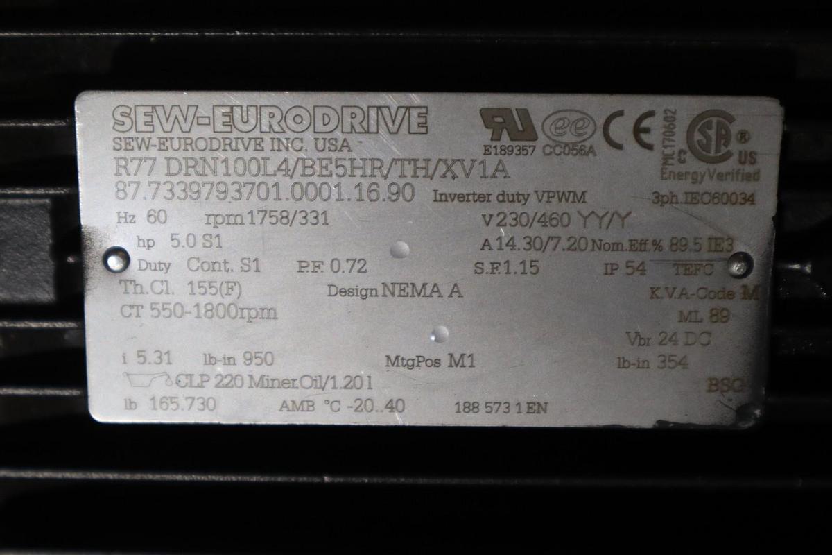 Used SEW-EURODRIVE R77 DRN100L4/BE5HR/TH/XV1A Gearmotor STOCK HP155