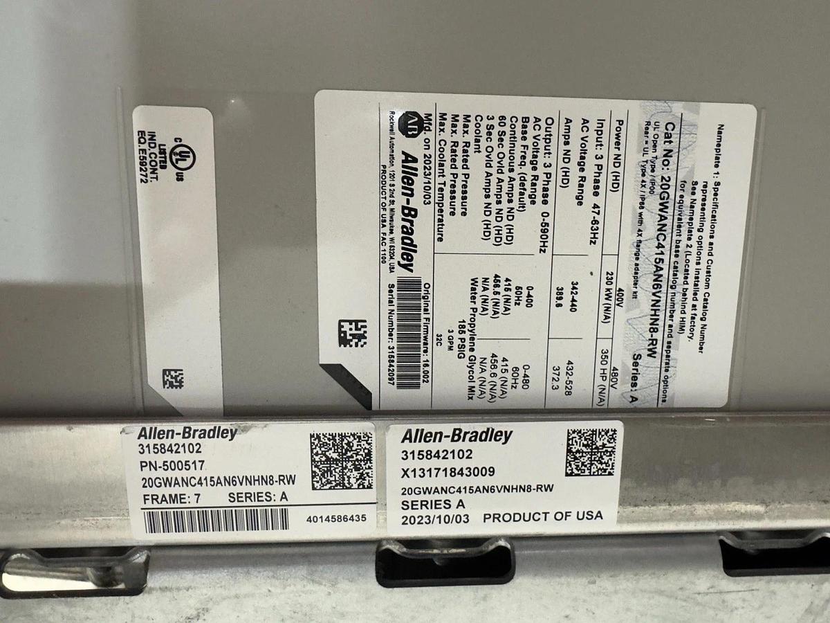 Used ALLEN BRADLEY 20GWANC415AN6VNHN8-RW AC DRIVE LIQUID COOLED 3 PHASE OUTPUT #S683