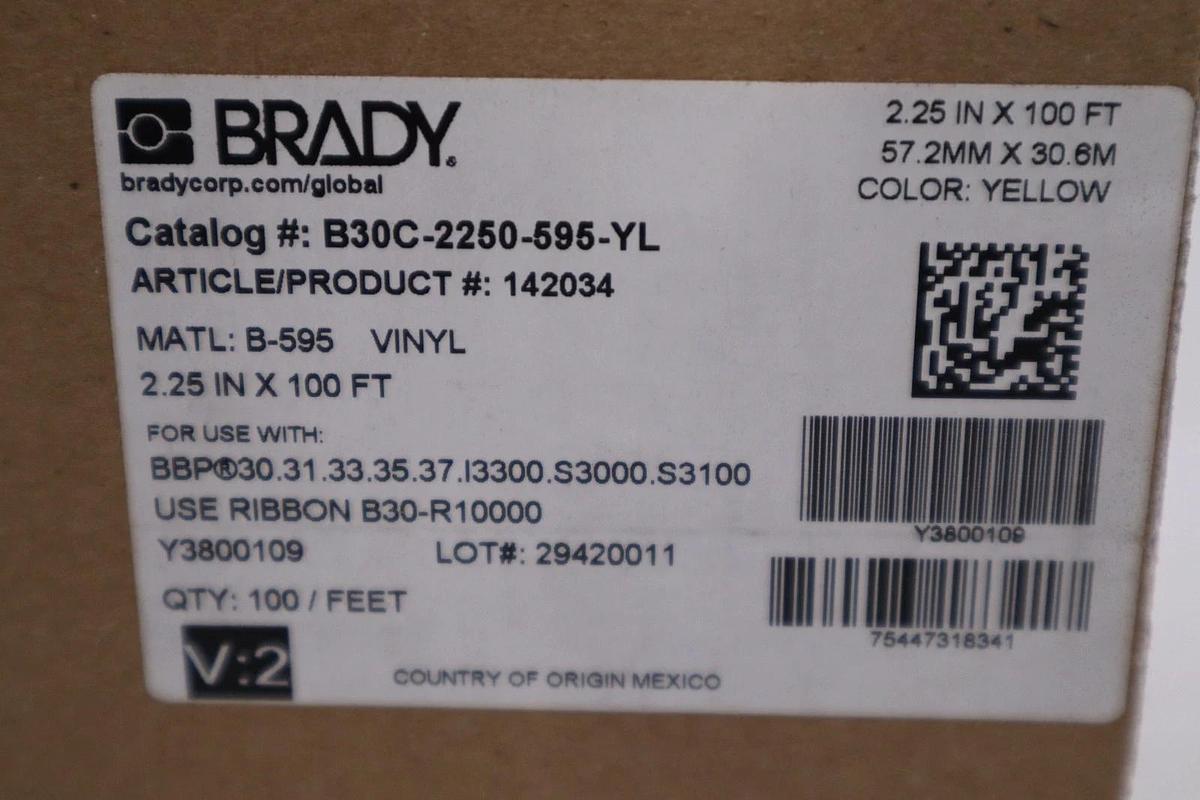 BRADY B30C-2250-595-YL / B30C2250595YL YELLOW VINYL TAPE 2.25INX100FT STK H368