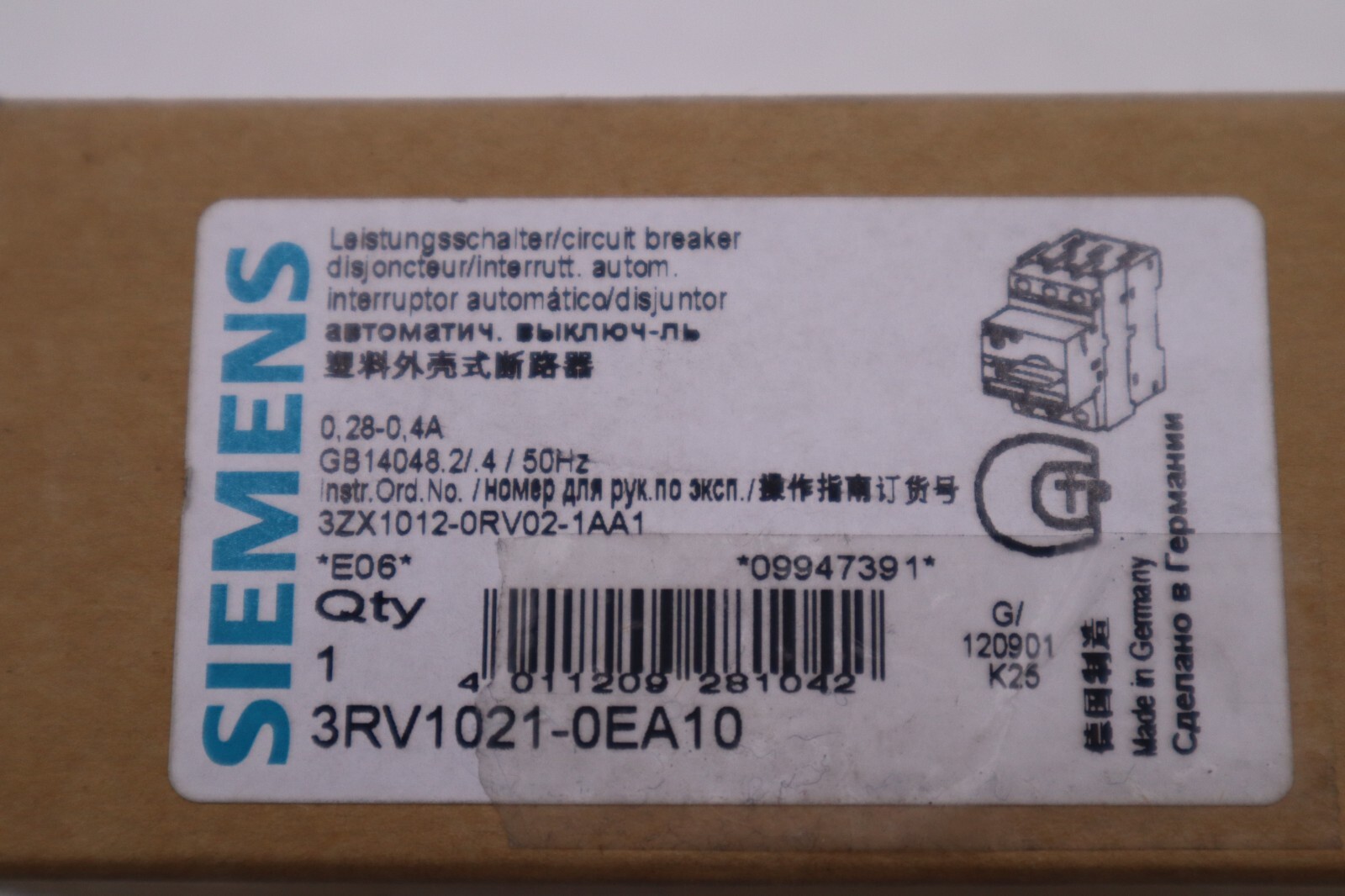 NEW SIEMENS 3RV1021-0EA10 0.4-0.28A NSNP STOCK L-398-C