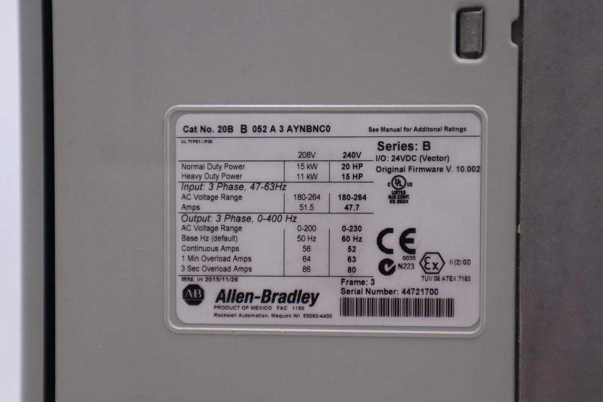 ALLEN BRADLEY VFD 20BB052A3AYNBNC0 SER B AC DRIVE POWERFLEX 700 20 HP STK 313-A