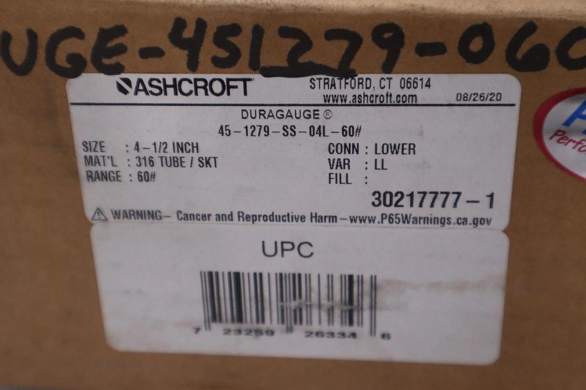 ASHCROFT 45-1279-SS-04L PRESSURE GAGE STOCK #GF-681A