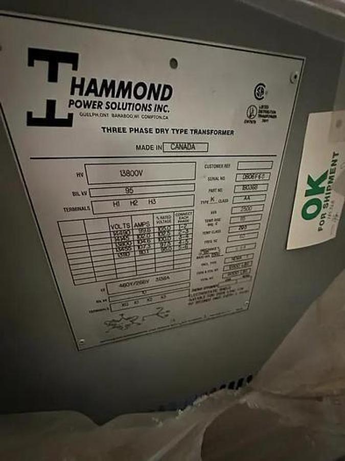 Used Hammond Power Solutions 2500 KVA Dry Type Transformer 13800 HV / 460 LV Rebuilt