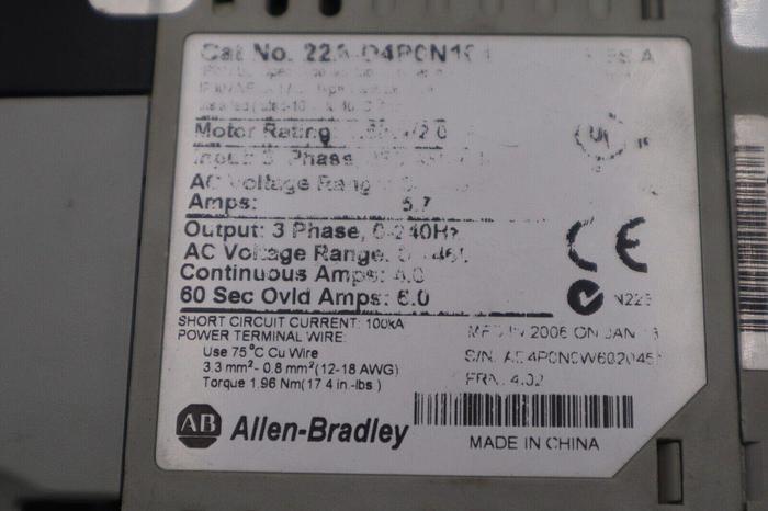 Used ALLEN BRADLEY 22A-D4P0N104 POWERFLEX 4 1.5kW/2.0HP SER A STOCK 5762