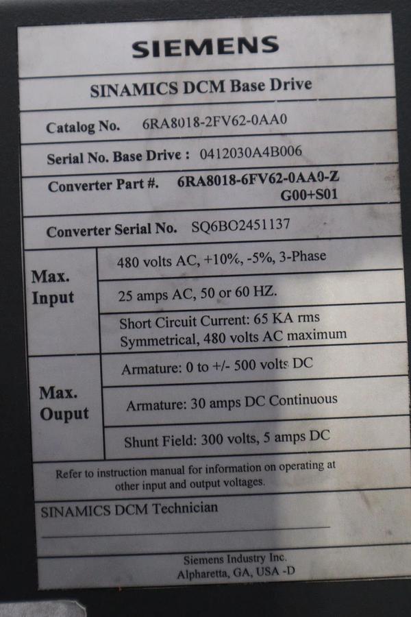 Used SIEMENS 6RA8018-2FV62-0AA0 DRIVE SINAMICS DCM 30A 480V - STOCK 5120CC