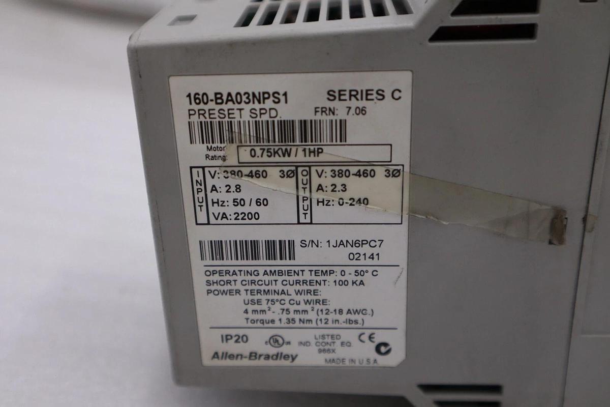 ALLEN BRADLEY 160-BA03NPS1 AC 1HP 380-460V-AC 0-240HZ DRIVE NEVER USED #H386A