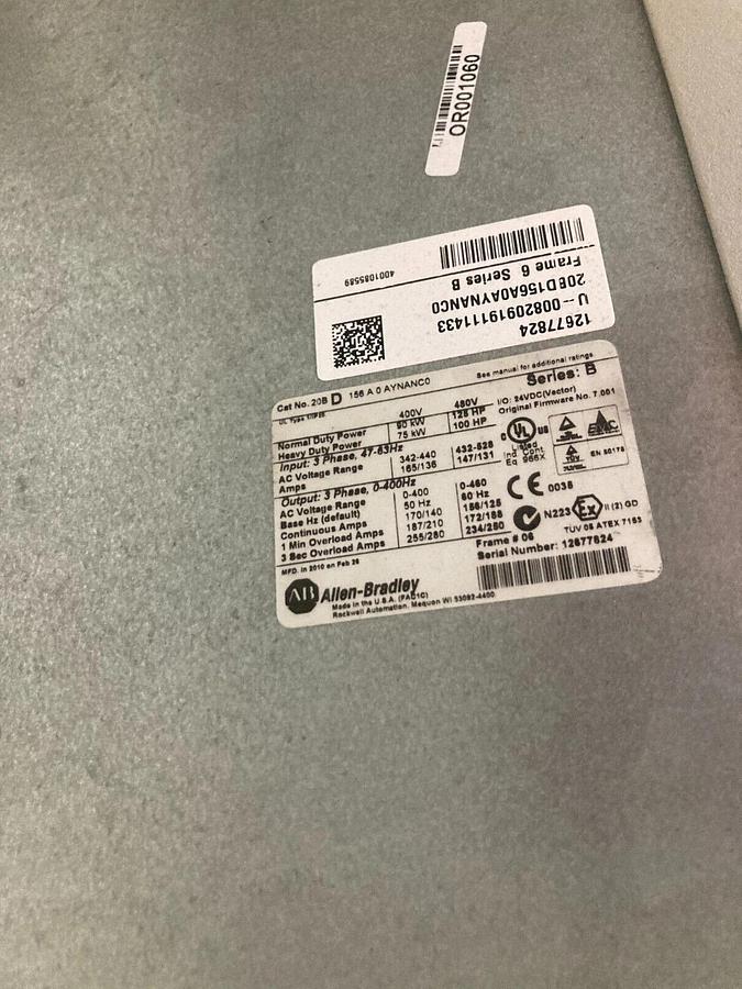 Used ELECTRICAL ENCLOSURE WITH 20BD156A0AYNANC0 Allen Bradley 125HP Powerflex 700