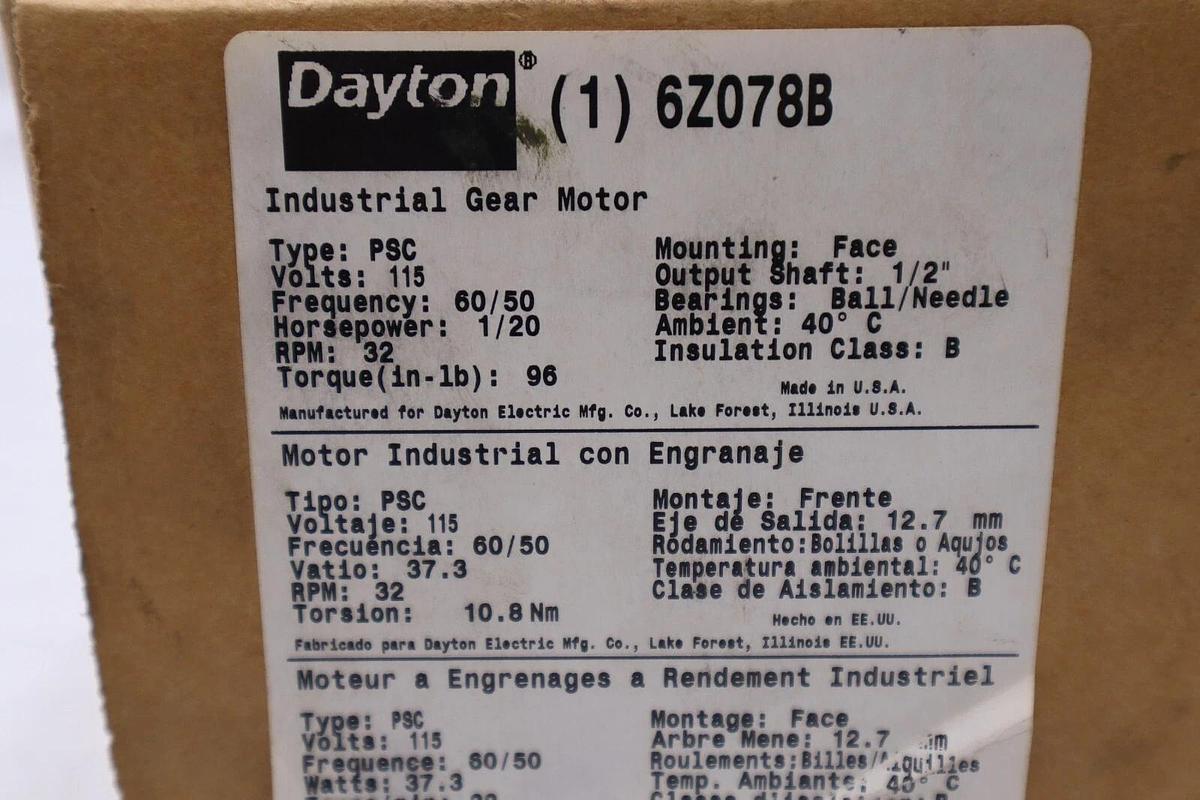 Used DAYTON 6Z07B 115V TYPE PSC OUTPUT SHAFT 1/2" STOCK 5289