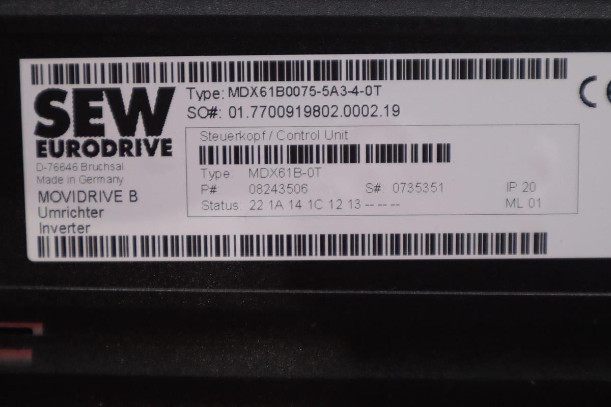 Used Sew Eurodrive MDX61B0075-5A3-4-0T Movidrive Drive Inverter H-776C