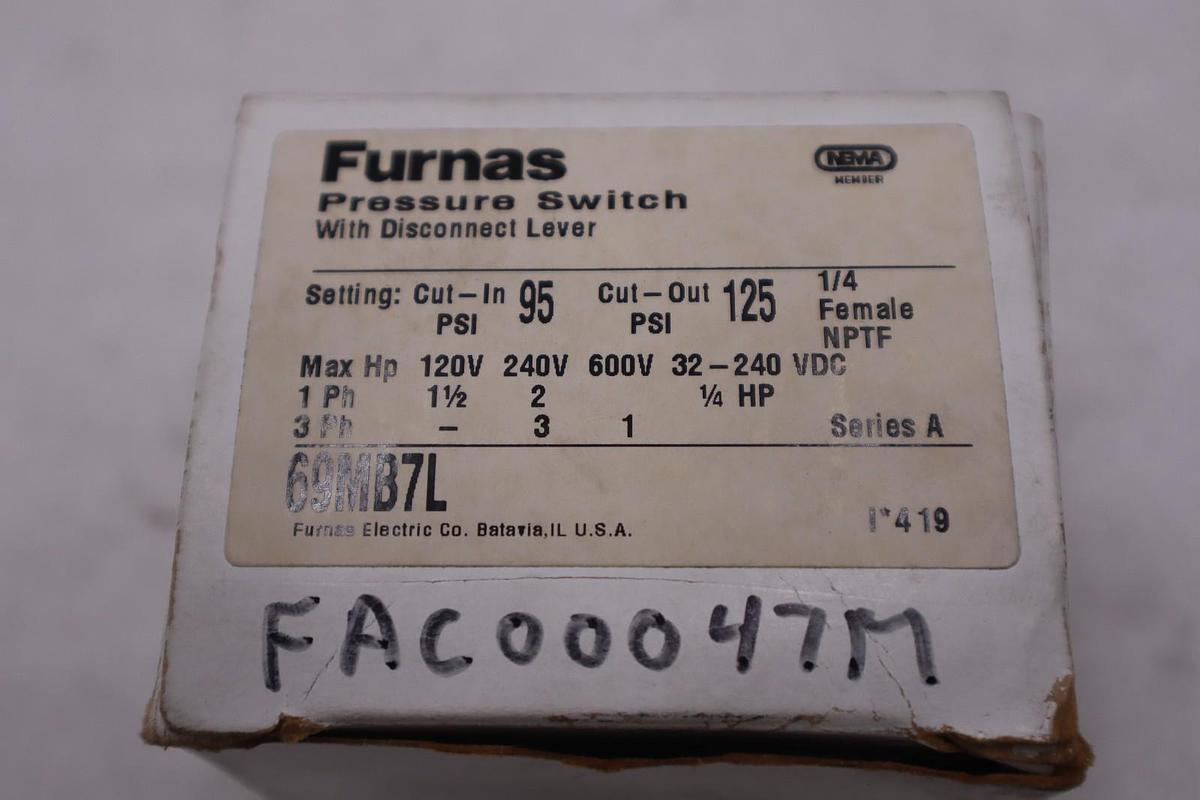 Used Furnas 69MB7L Pressure Switch with Disconnect Lever STOCK 6084