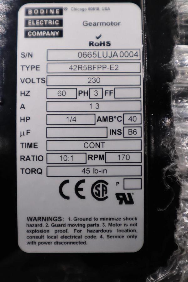 Used Bodine gear motor 45R5BFPP-E2 230V 3PH 1/4HP 10:1 170 RPM NEW UNIT STOCK H828