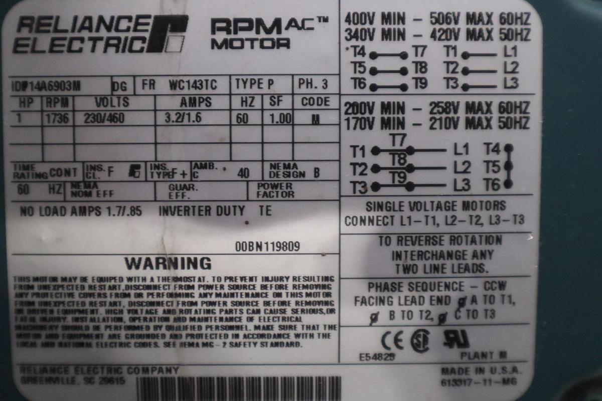 Used Reliance P14A6903M 230/460V 1735RPM FRWC1431C 7/8"Shaft AC Motor