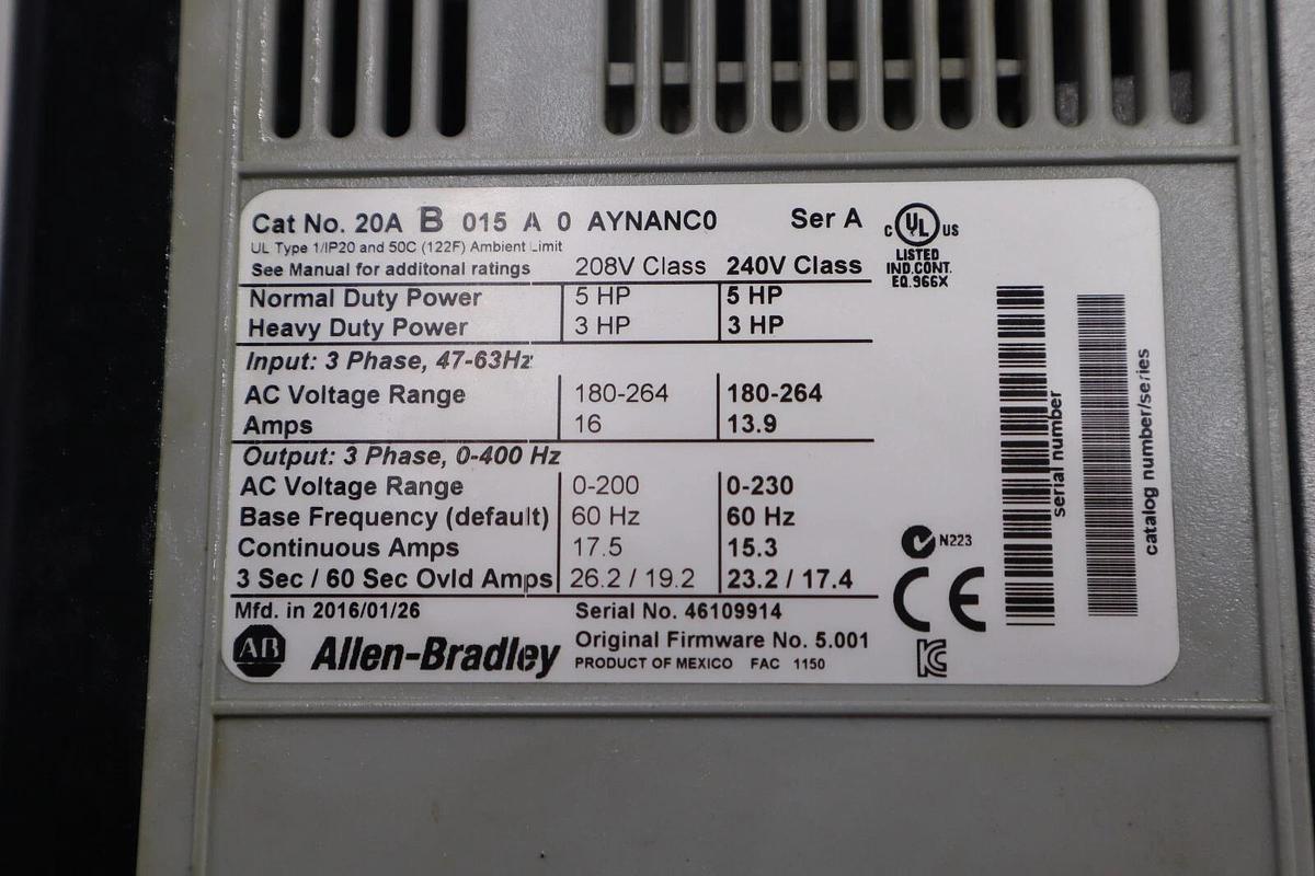 Used Allen-Bradley PowerFlex 70 20AB015A0AYNANG0 MFG. 2016 AC Drive STOCK 2441