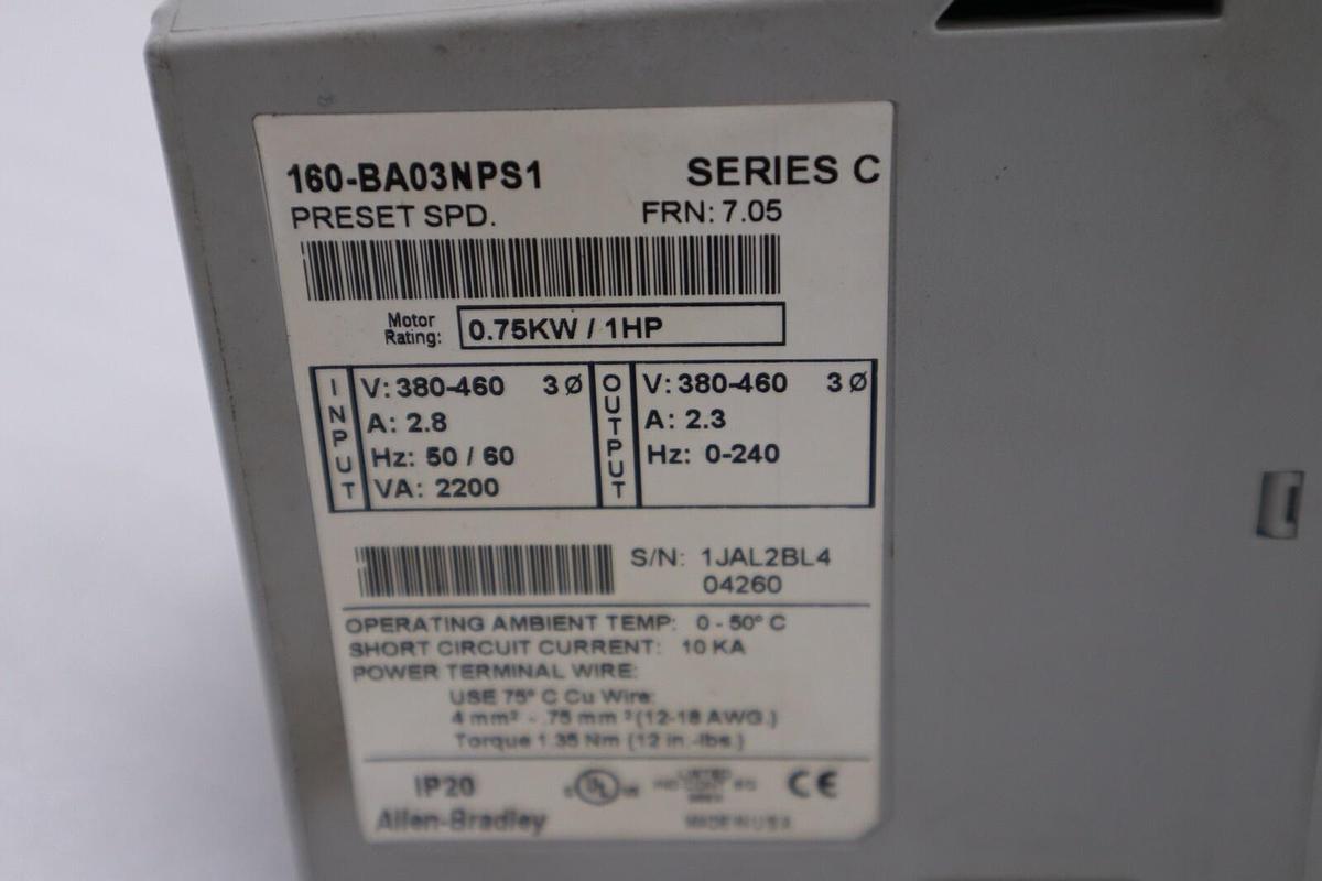 Used ALLEN BRADLEY 160-BA03NPS1 AC 1HP 380-460V-AC 0-240HZ DRIVE NEVER USED #H383A