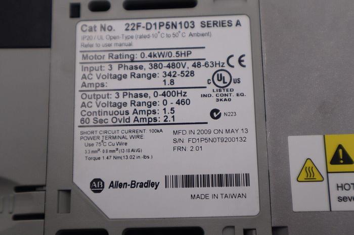 Used Allen-Bradley 22F-D1P5N103 Power Flex 4M 0.4 kW 0.5 HP AC Drive STOCK K-3896