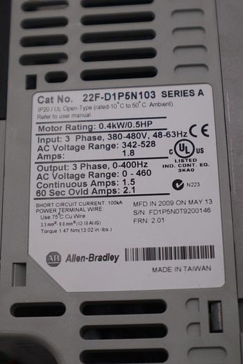 Used Allen-Bradley 22F-D1P5N103 Power Flex 4M 0.4 kW 0.5 HP AC Drive STOCK K-3891