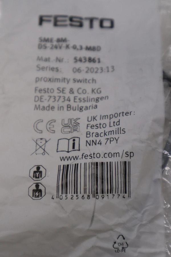 Used FESTO 5-10V M8 NO PROXIMITY SENSOR 543861 SME-8M-DS-24V-K-0,3-M8D STK H1656A