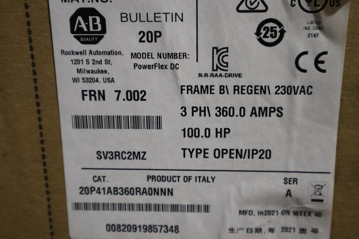 NEW ALLEN BRADLEY 20P41AB360RA0NNN 100 HP POWERFLEX DC DRIVE NEW 2021 #3356-A