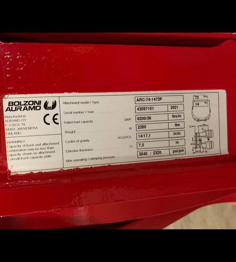 Used 72" BOLZONI AURAMO MODEL ARC-74-1472P PAPER ROLL CLAMP 2021 CLASS III