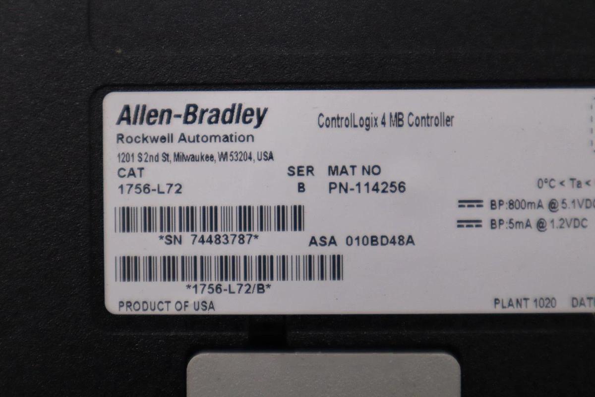 Used Allen Bradley 1756-L72/B ControlLogix Logix5572 4MB USB Processor - STOCK 3845CC