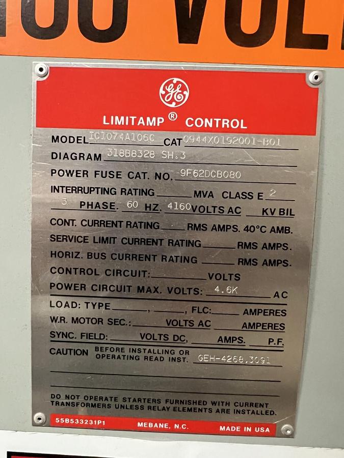 Used GE Limitamp Control 4160 Starter and Cabinet MODEL IC1074A106C TWO AVAILABLE
