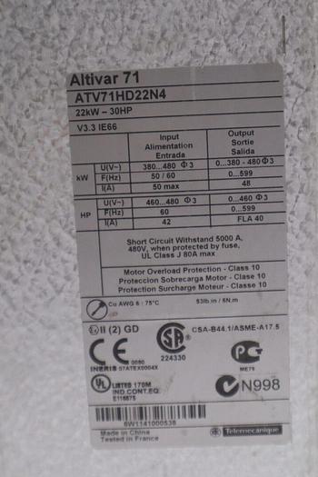 Used SCHNEIDER ELECTRIC ATV71HD22N4 30 HP DRIVE VFD STOCK 2327-C