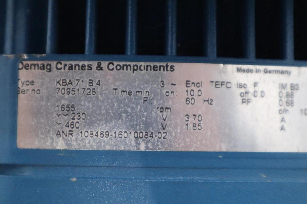 Used DEMAG CRANES & COMPONENTS KBA71B4/ KBA 71 B 4 460V 1.85A STOCK H919