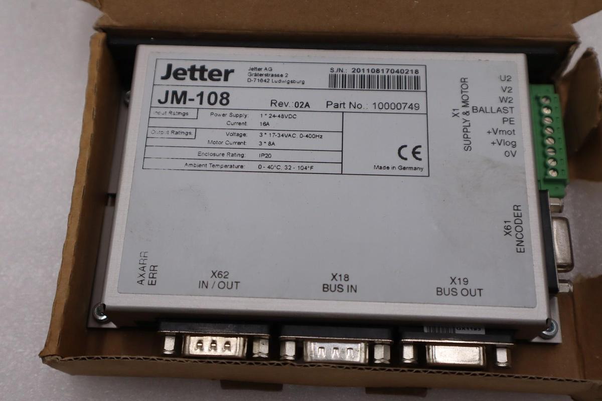 Used JETTER JM-108 REV 02A PART NO 10000749 Servo Drive STOCK H400A