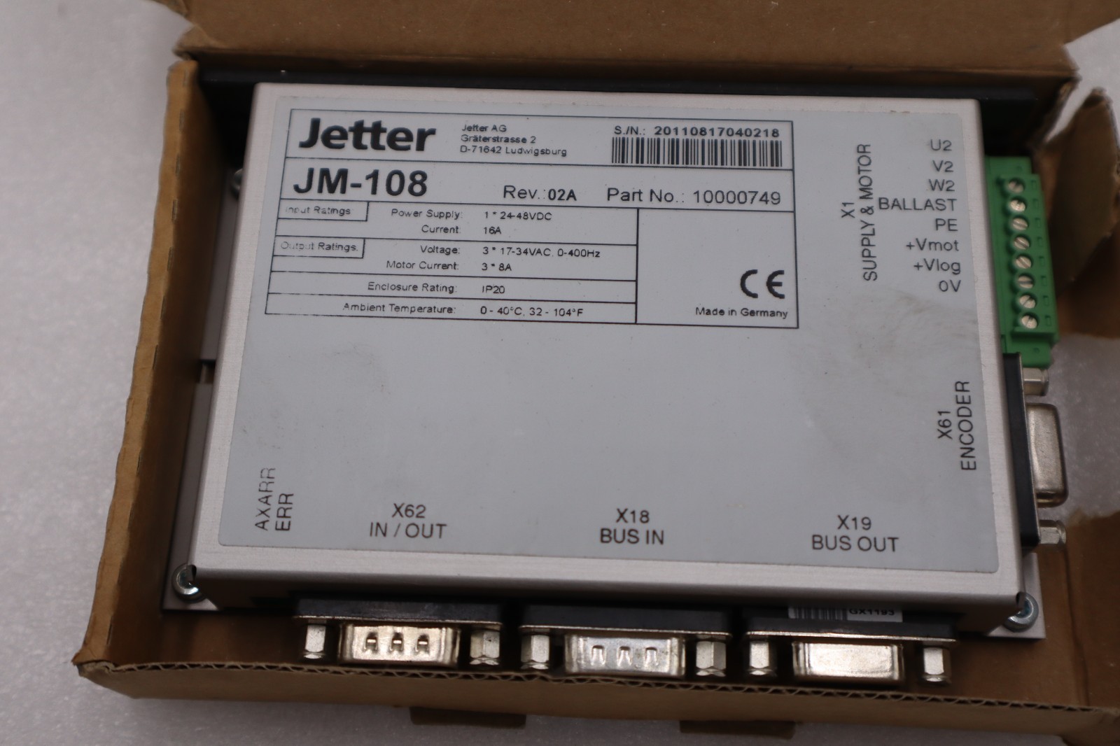 Used JETTER JM-108 REV 02A PART NO 10000749 Servo Drive STOCK H400A