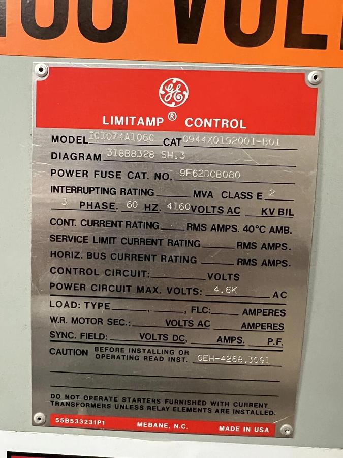 Used GE Limitamp Control 4160 Starter and Cabinet MODEL IC1074A106C TWO AVAILABLE
