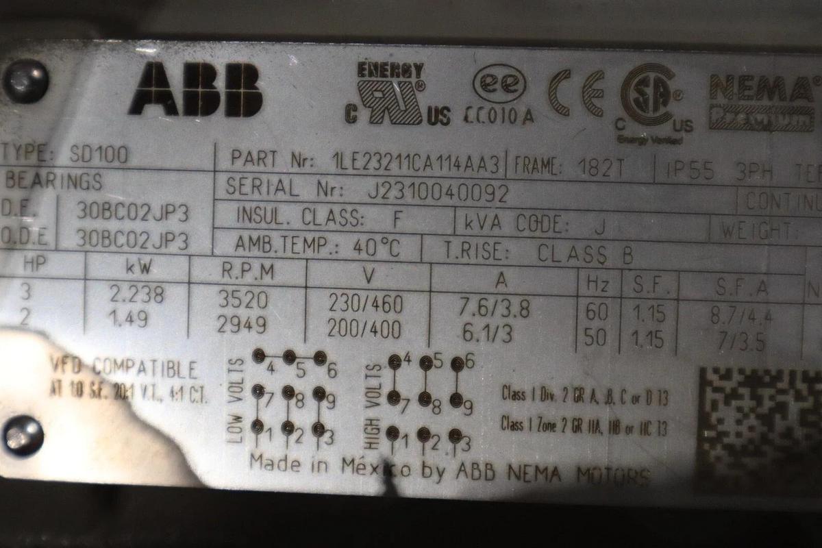 Used NEW ABB SD100 1LE23211CA114AA3 Ac Motor 182t 3ph 3hp 3520rpm STOCK HS-3
