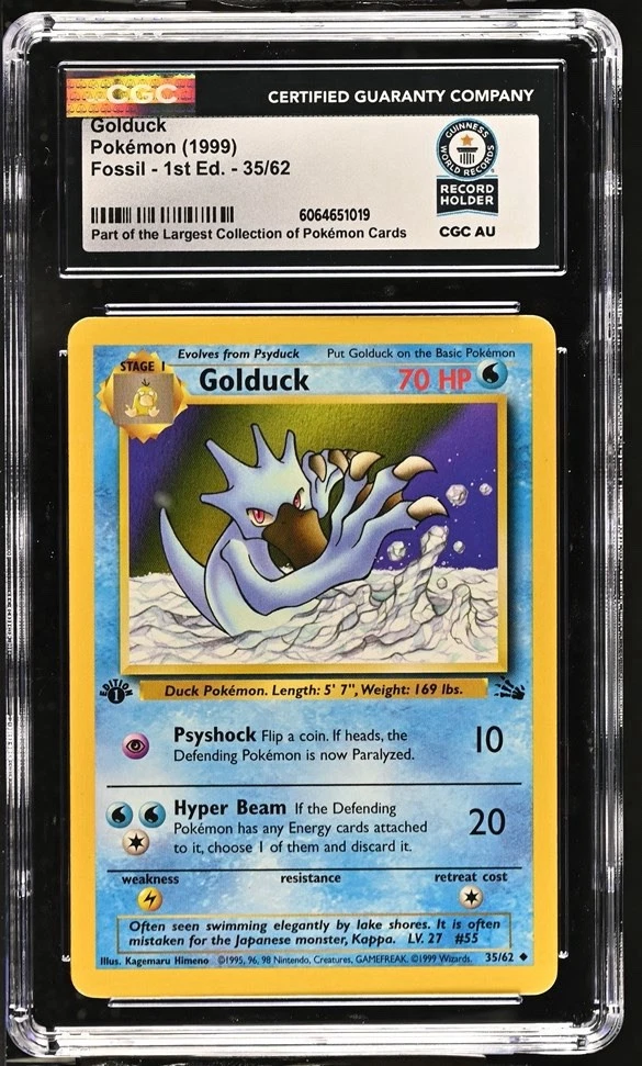 Used 1999 Pokémon Fossil Golduck #35 1st Edition CGC WORLD RECORD GUINNESS SLAB