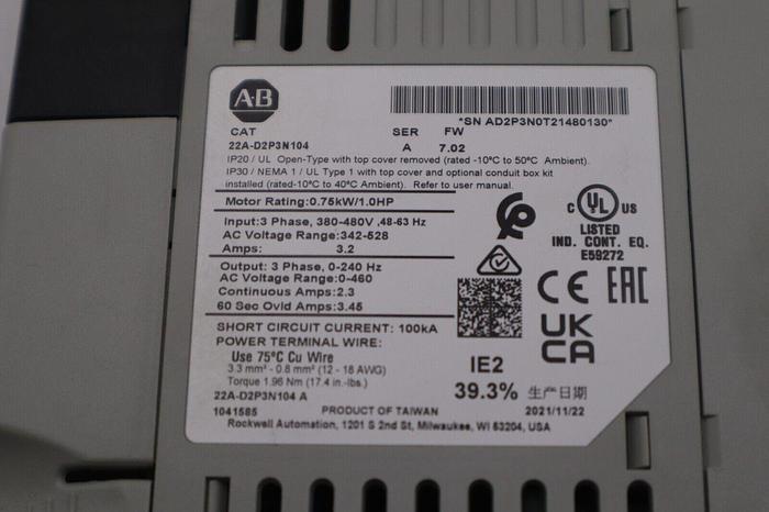 Used Allen Bradley 22A-D2P3N104 /A PowerFlex 4 AC Drive 1HP 3Ph 480V STOCK 5783
