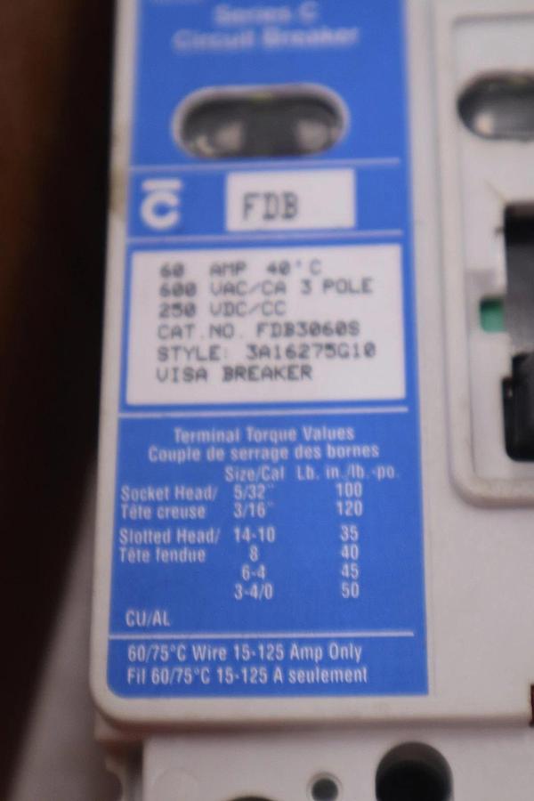 Used NEW OPEN BOX EATON FDB3060S 60 AMP 600V 3 POLE CIRCUIT BREAKER STK K307A